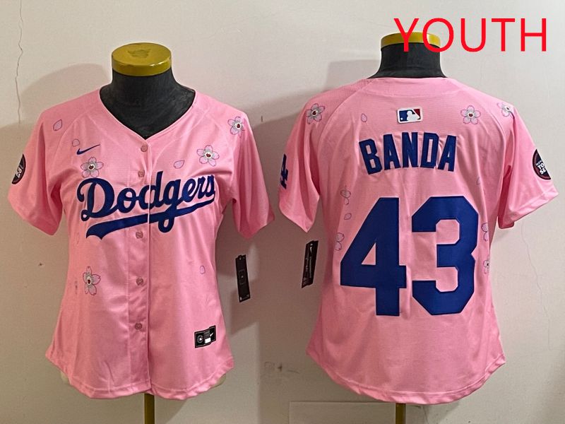 Youth Los Angeles Dodgers #43 Banda Pink White Blue Sakura Edition 2025 Nike MLB Jersey style 1->youth mlb jersey->Youth Jersey